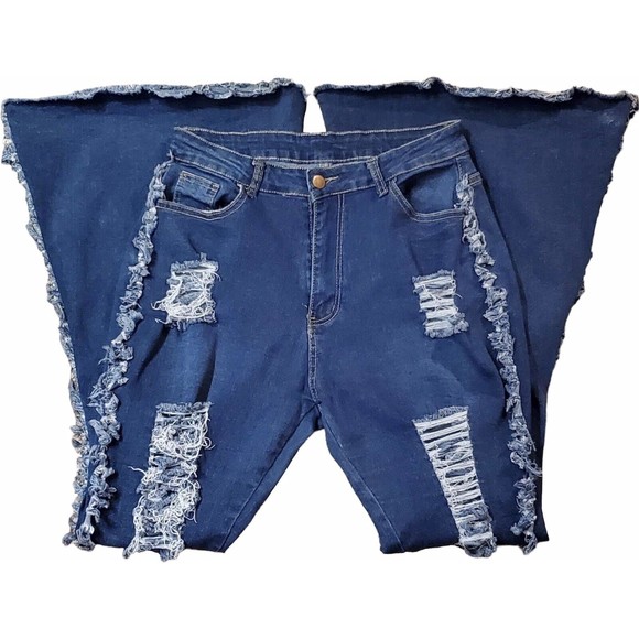 Wide Flare High Rise Distressed Raw Fringe Hem Jeans Size Large, Very Stretchy! - Picture 2 of 6